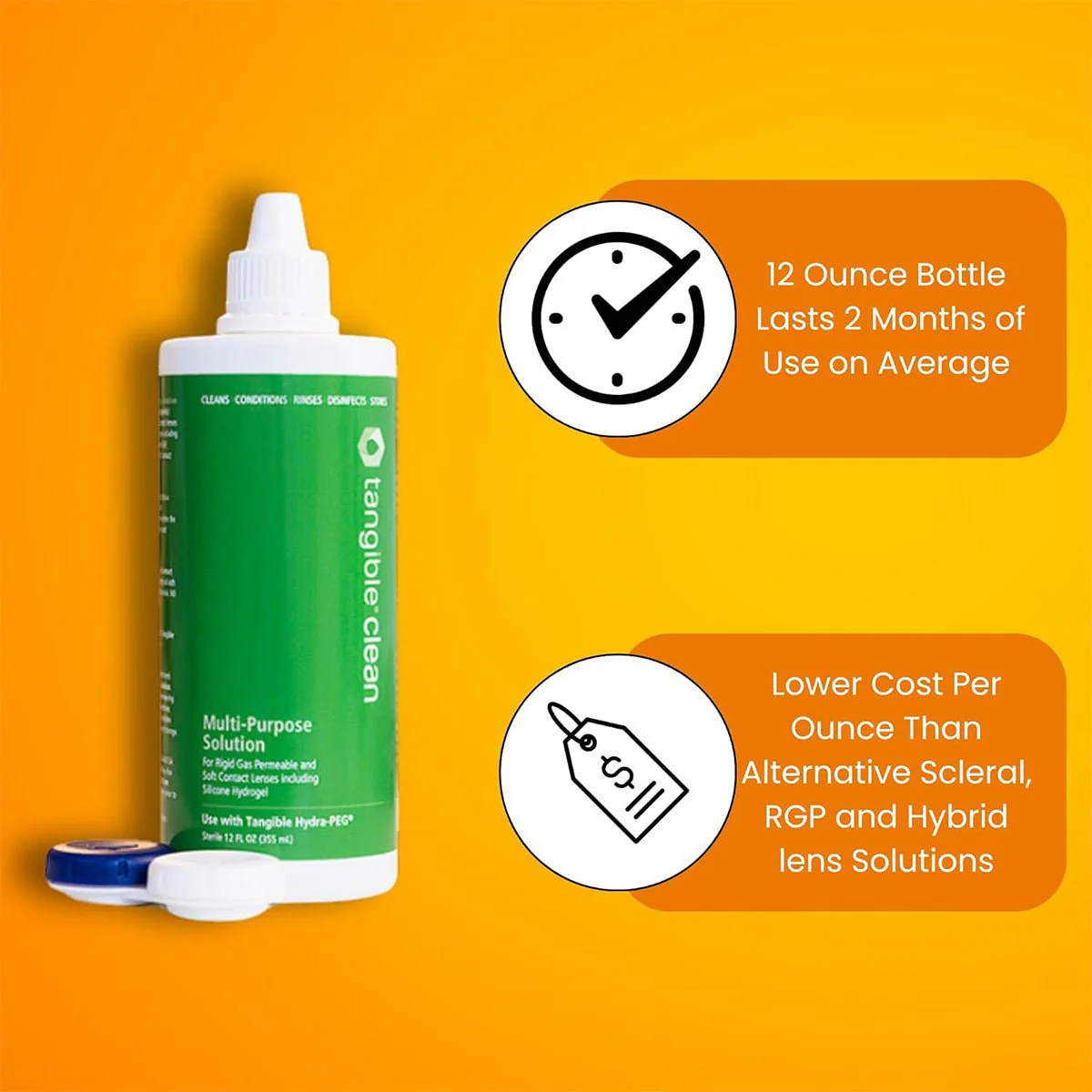 Tangible Clean 12 oz Bottle, 2-Pack, Approved for all contact lenses including Hydra-Peg Coatings (4 Month Supply) - Image 3