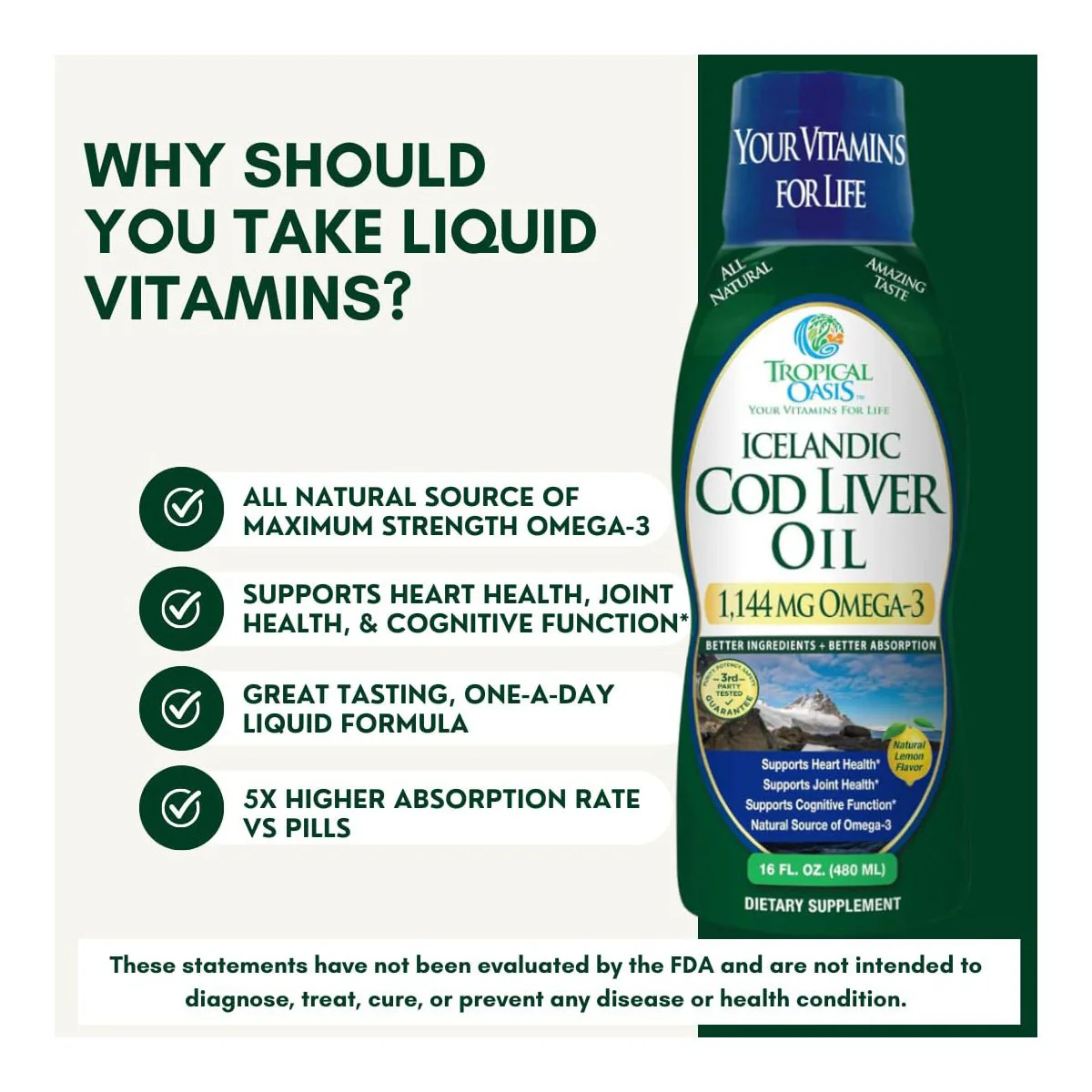 Tropical Oasis Cod Liver Oil 1144mg Omega-3 Liquid Supplement (16oz.) - Image 3