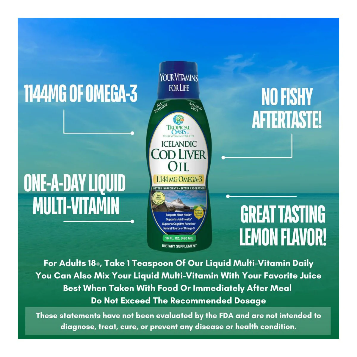 Tropical Oasis Cod Liver Oil 1144mg Omega-3 Liquid Supplement (16oz.) - Image 4