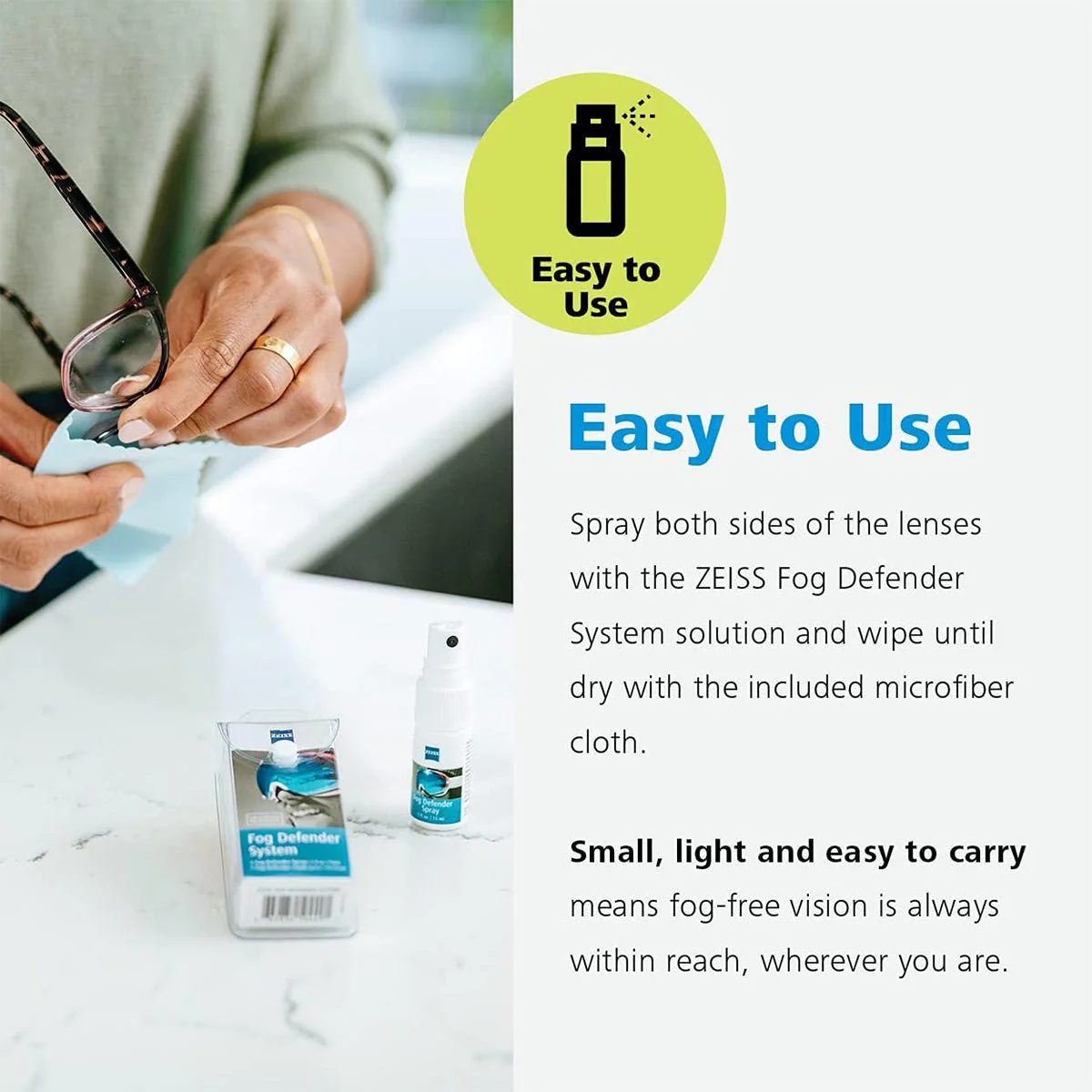 ZEISS Fog Defender System Anti-Fog Spray for Glasses – 1 Spray Bottle and 1 Microfiber Cloth - Image 4